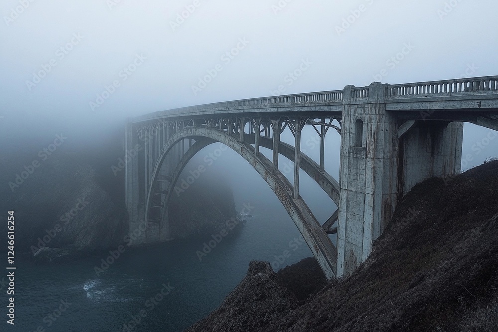 Misty wooden bridge leads to a lonely tree on a rocky island during early morning fog Misty wooden bridge leads to a lonely tree on a rocky island during early morning fog