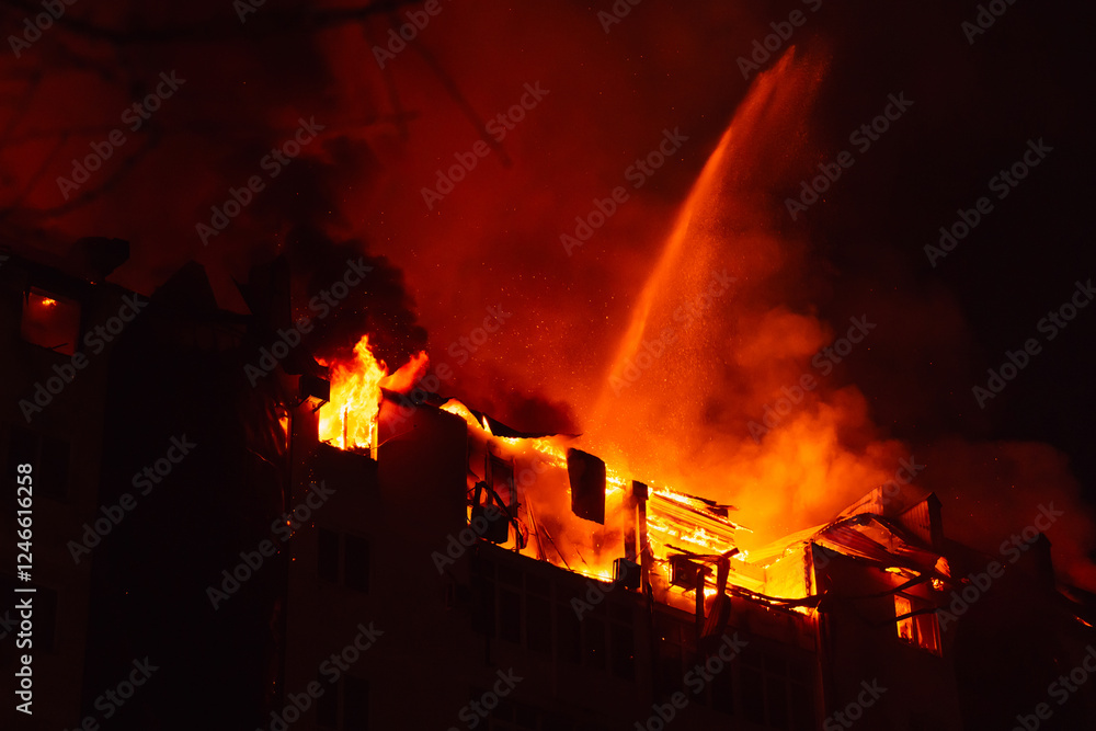 Dramatic night view of a building engulfed in flames with sparks flying, highlighting the intensity of urban fire emergencies Dramatic night view of a building engulfed in flames with sparks flying, highlighting the intensity of urban fire emergencies