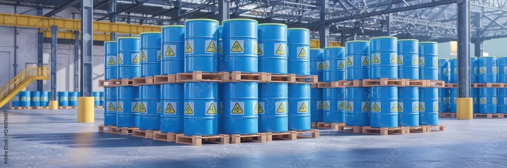 Stacked blue barrels with hazard symbols in a spacious warehouse Stacked blue barrels with hazard symbols in a spacious warehouse