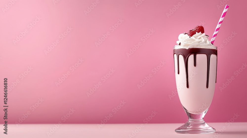 Delicious strawberry milkshake topped with whipped cream and chocolate drizzle against a pink backdrop Delicious strawberry milkshake topped with whipped cream and chocolate drizzle against a pink backdrop