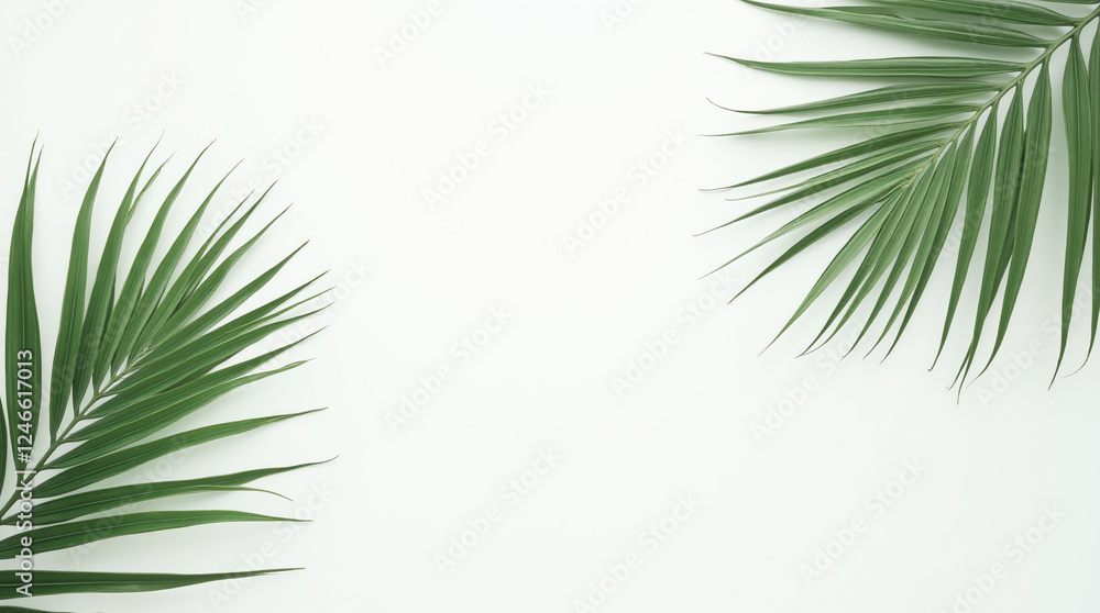 Green palm leaves arranged artistically on a white background, creating a fresh and natural aesthetic for design or decor purposes Green palm leaves arranged artistically on a white background, creating a fresh and natural aesthetic for design or decor purposes