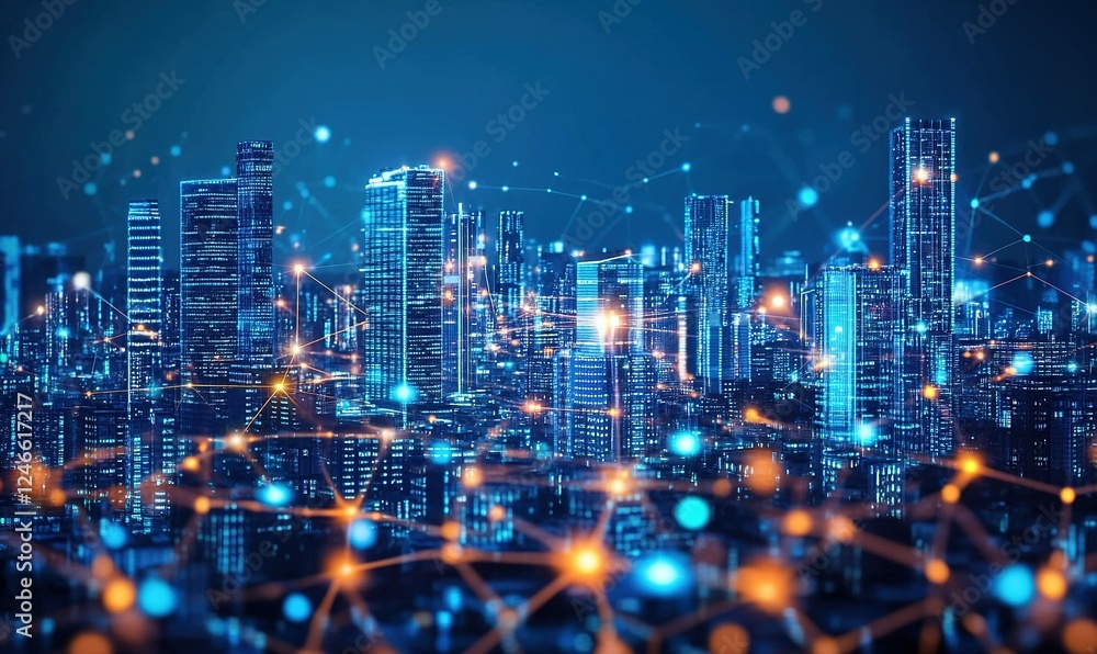 Fototapeta premium Connected city skyline at night with network grid overlay, ideal for technology or urban concepts