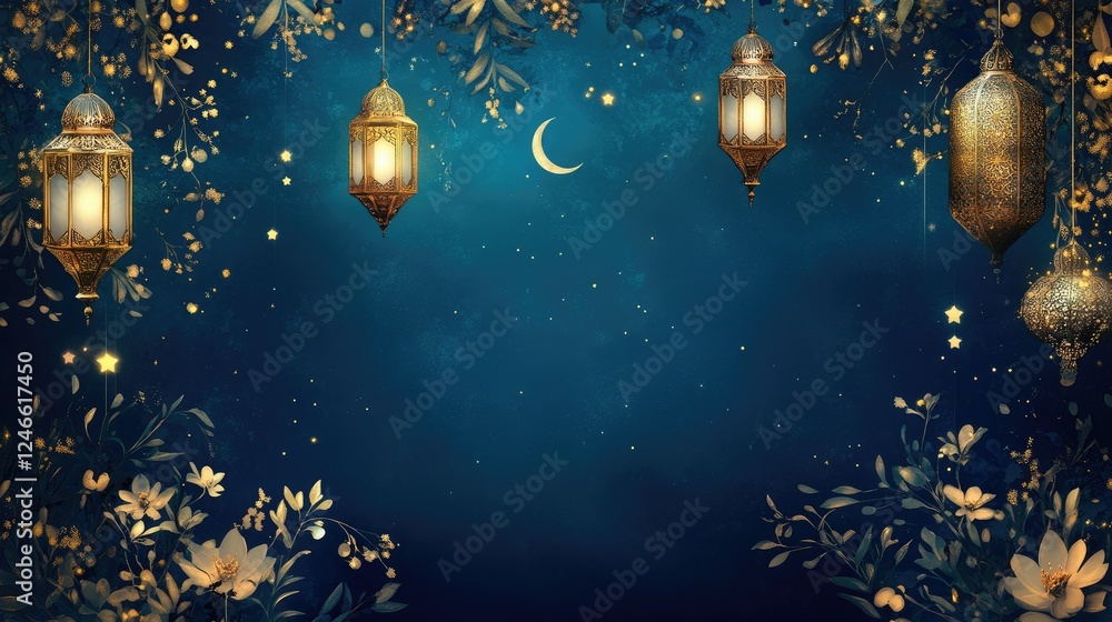 Fototapeta premium A radiant blue background illuminating with golden lanterns and ornamental patterns hanging from the top of an empty space in the center for text