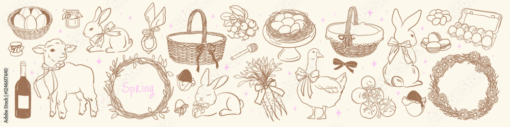 Cute Spring and Easter Drawing Set. Easter eggs, Bunnies, Baskets, Carrot, Flower wreaths, Goose, Lamb. Village rustic doodle sketch style.Hand drawn for decor, card, invitation. Cute Spring and Easter Drawing Set. Easter eggs, Bunnies, Baskets, Carrot, Flower wreaths, Goose, Lamb. Village rustic doodle sketch style.Hand drawn for decor, card, invitation.