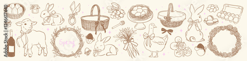 Cute Spring and Easter Drawing Set. Easter eggs, Bunnies, Baskets, Carrot, Flower wreaths, Goose, Lamb. Village rustic doodle sketch style.Hand drawn for decor, card, invitation.