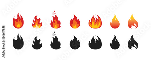Flames icons. Flame silhouettes. Black firing icons, warning symbols isolated on white. Burning vector emblems.
