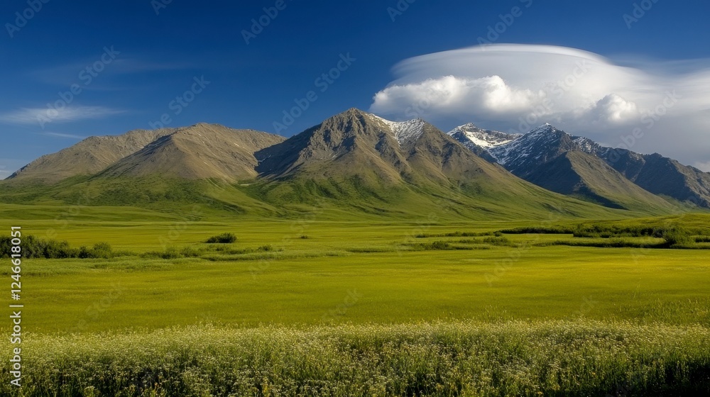 Fototapeta premium Mountain Range Over Lush Grassy Plain