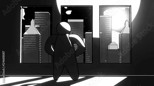 animation business man standing in front of a window. flat art style