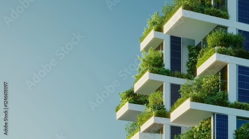Modern architecture with green plants and solar panels on innovative building against blue sky showcasing sustainable urban design principles. Eco-friendly architecture. Sustainable development.