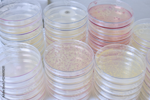 Colonies of bacteria growth on agar plate medium in laboratory.	