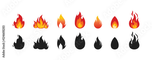 Flames icons. Flame silhouettes. Black firing icons, warning symbols isolated on white. Burning vector emblems.