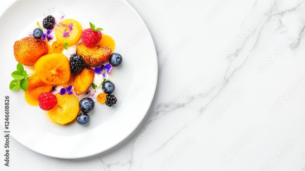 Vibrant fruit dessert featuring fresh berries and edible flower on a marble table, perfect for summer Vibrant fruit dessert featuring fresh berries and edible flower on a marble table, perfect for summer