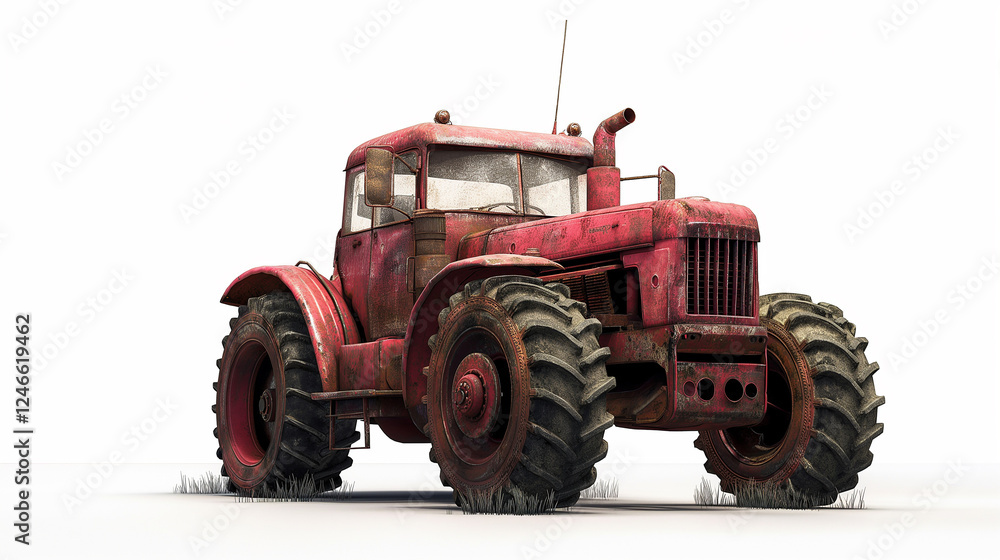 Obraz premium Weathered Red Tractor on a White Background