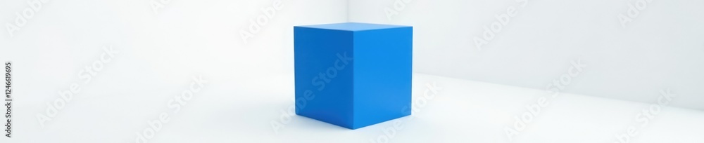 Blue cube in stark contrast to white surroundings, white, darkness Blue cube in stark contrast to white surroundings, white, darkness