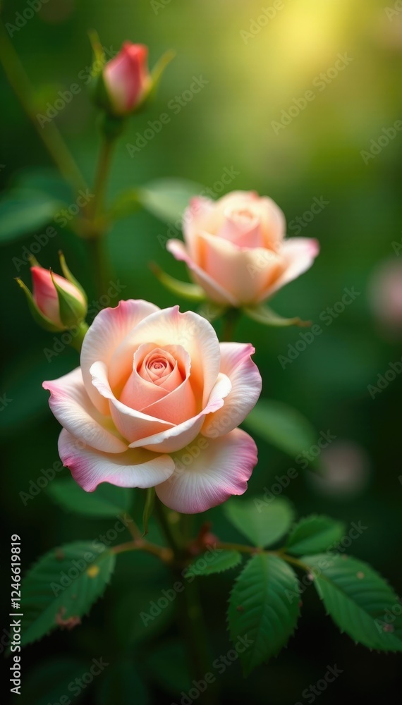 Pale petals of roses unfurl amidst lush greenery, berries, serene, spring Pale petals of roses unfurl amidst lush greenery, berries, serene, spring