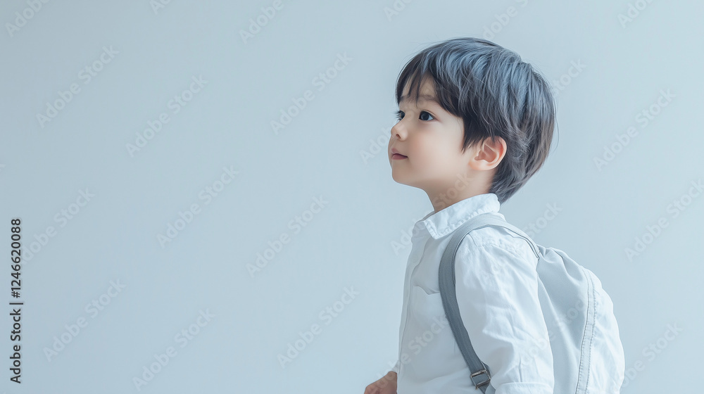 A Trendy Little Boy in White Casual Clothes Poses A Trendy Little Boy in White Casual Clothes Poses
