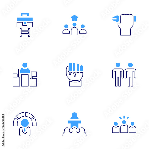 Leadership icon set. Bold line style. Duotone colors. Editable stroke. pen, speech, collective, people, leadership, fist