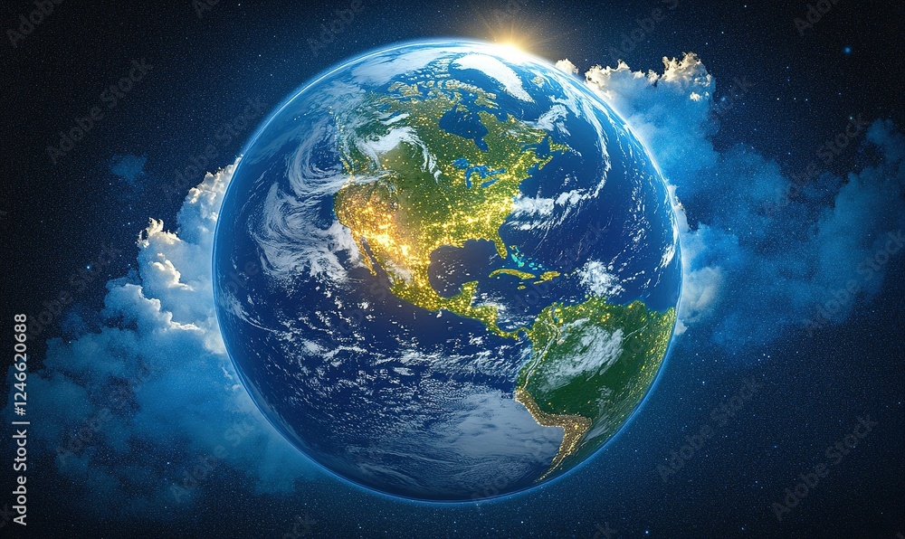 Fototapeta premium Earth from space with North America, clouds, stars, and sunlight