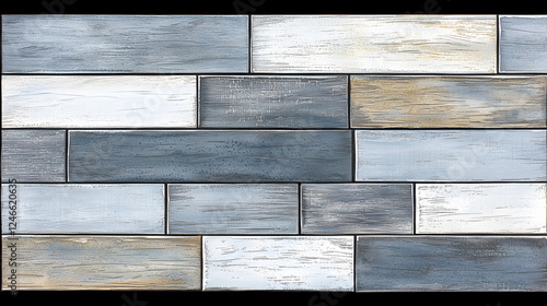 Blue and white wooden planks arranged in a pattern with varying textures and colors.