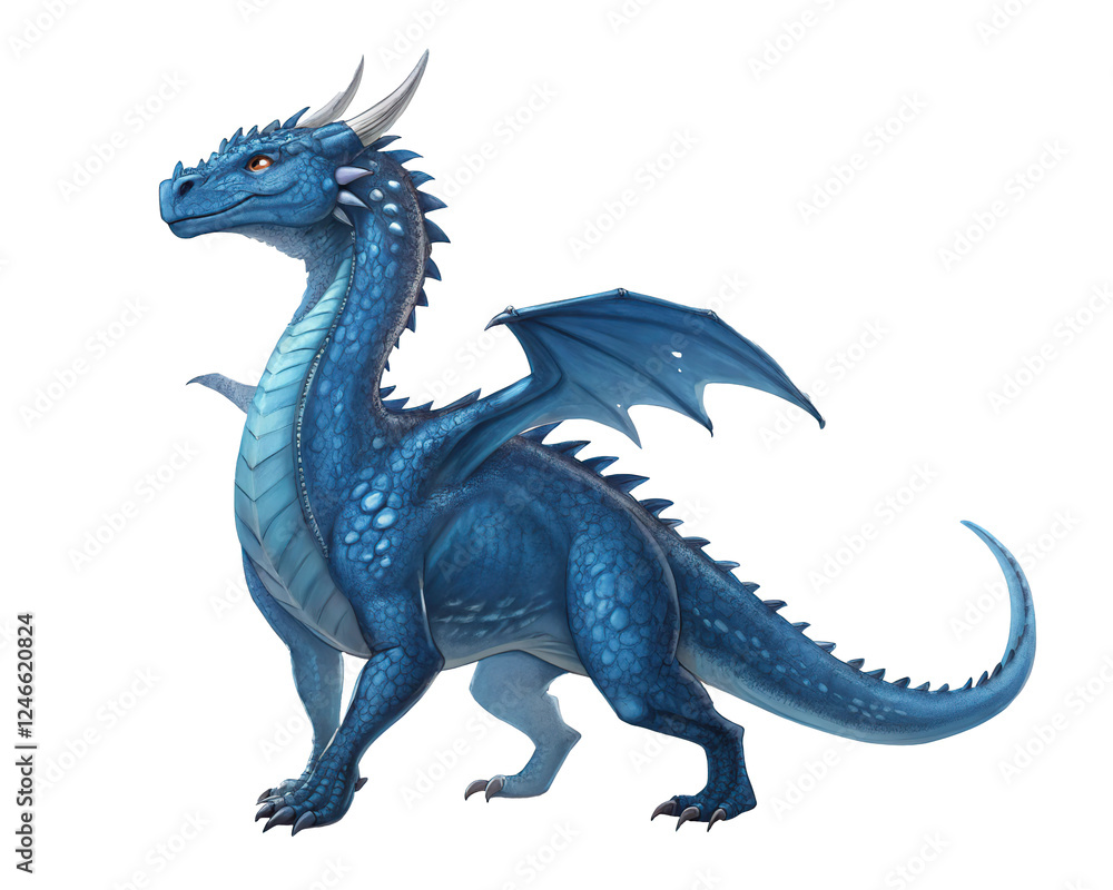 Majestic Blue Dragon Illustration with Detailed Scales, Horns, and Orange Eyes isolated on a transparent background Majestic Blue Dragon Illustration with Detailed Scales, Horns, and Orange Eyes isolated on a transparent background