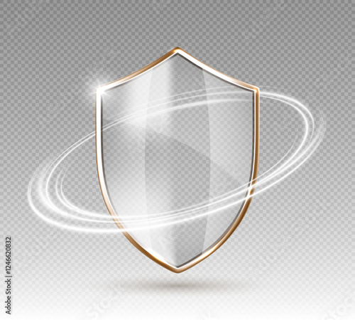 Transparent glass protection shield with white glowing effect. Safeguard sign. Security concept. Vector 3d illustration
