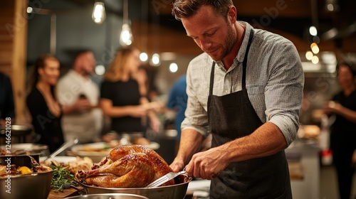 A mid-adult man wearing a button-down shirt carving turkey with precision while guests watch with anticipation. photo