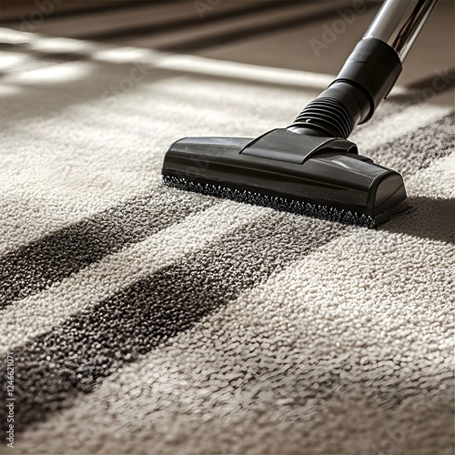 Vacuum cleaner nozzle cleaning a patterned carpet floor in a modern, minimalist domestic living space.