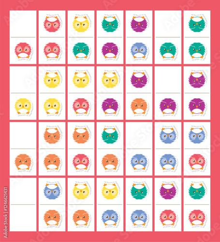 Fluffy owl domino. Board game tiles with bird illustrations.