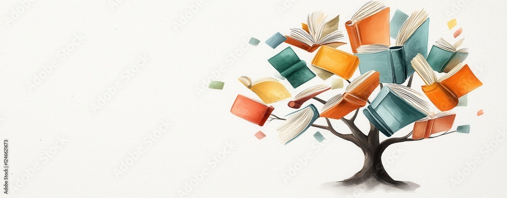 Fototapeta premium A creative illustration of a tree with colorful books as leaves, symbolizing knowledge and growth.