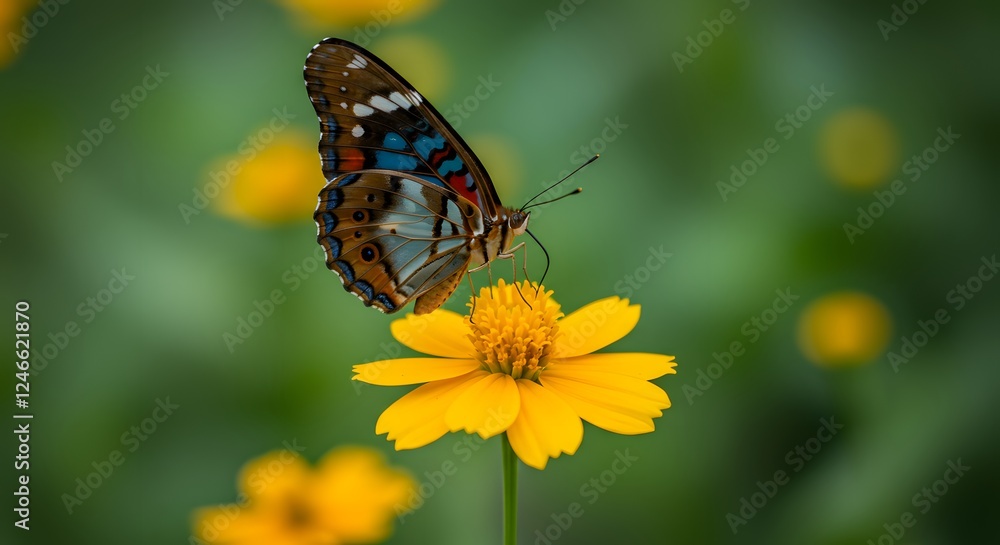 Colorful Butterfly on Yellow Flower in Green Garden Colorful Butterfly on Yellow Flower in Green Garden