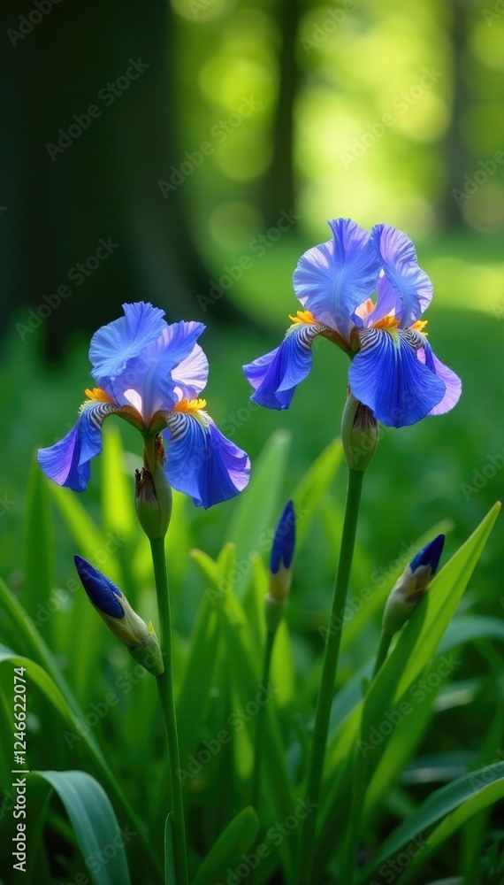 Blue irises blooming in a lush green garden with trees, garden scenery, tree foliage Blue irises blooming in a lush green garden with trees, garden scenery, tree foliage