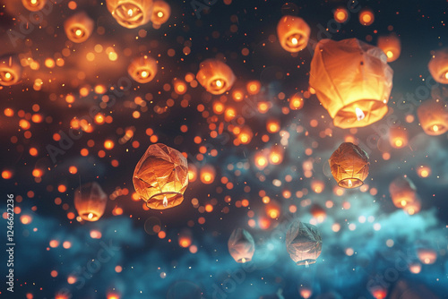 Beautiful holiday composition for happy celebrate chinese festival of lanterns, abstract vivid composition consists of fictional unreal fantastic vision on background