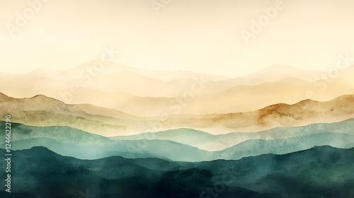 Mountains layered in soft hues of green and brown with a serene gradient background.