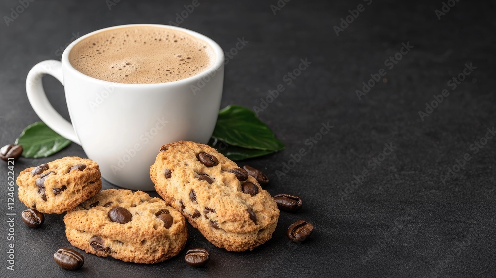 Coffee break Espresso and cookies on dark surface Coffee break Espresso and cookies on dark surface