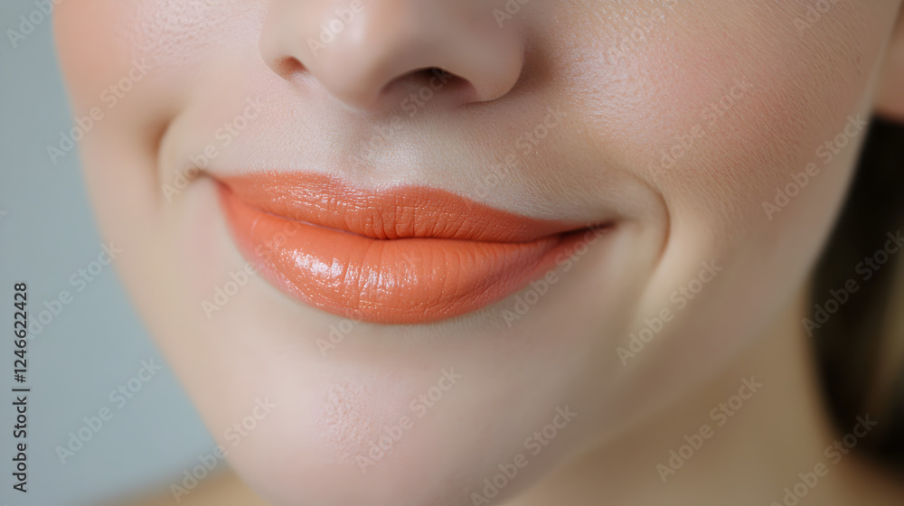 Naklejka premium gently biting her lower lip, revealing a creamy coral lipstick application 