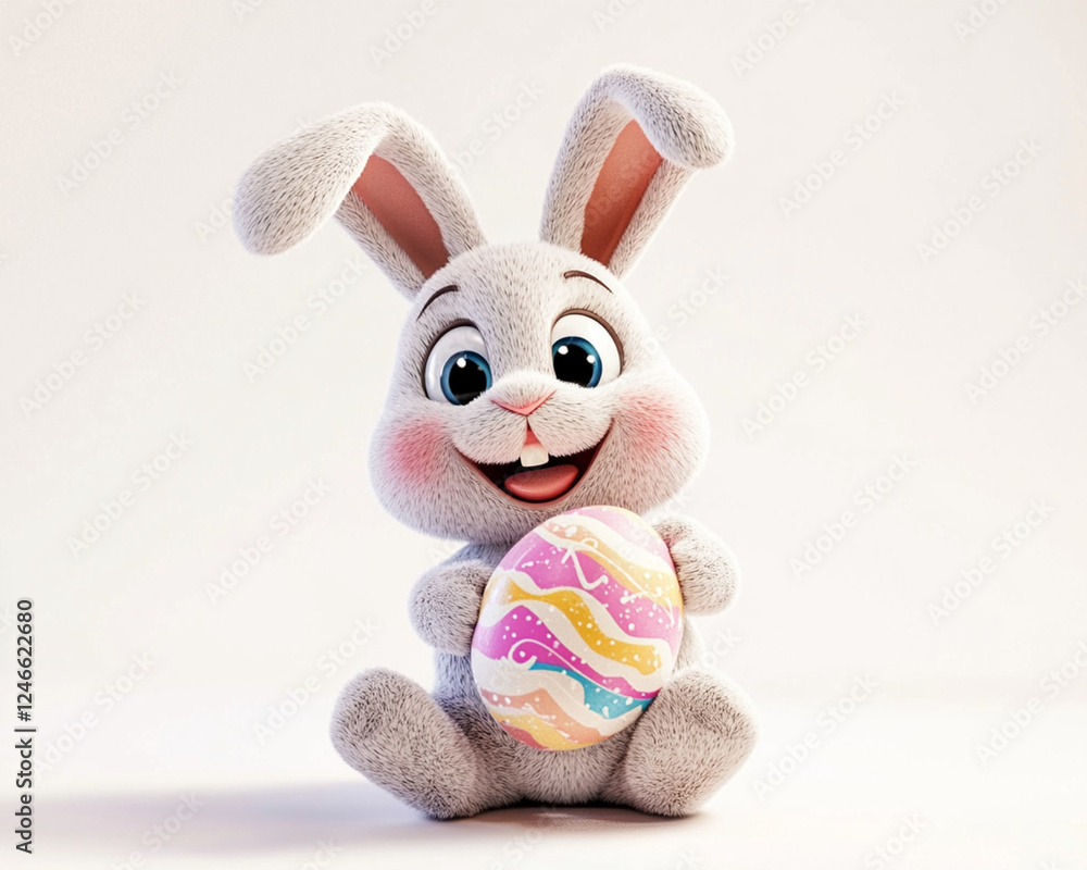 Obraz premium White bunny with a joyful expression, standing upright with expressive eyes, charming character design symbolizing innocence and playfulness