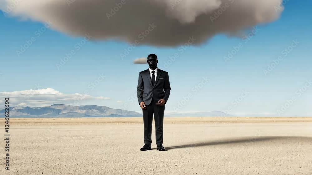 Man in suit single cloud in desert Man in suit single cloud in desert