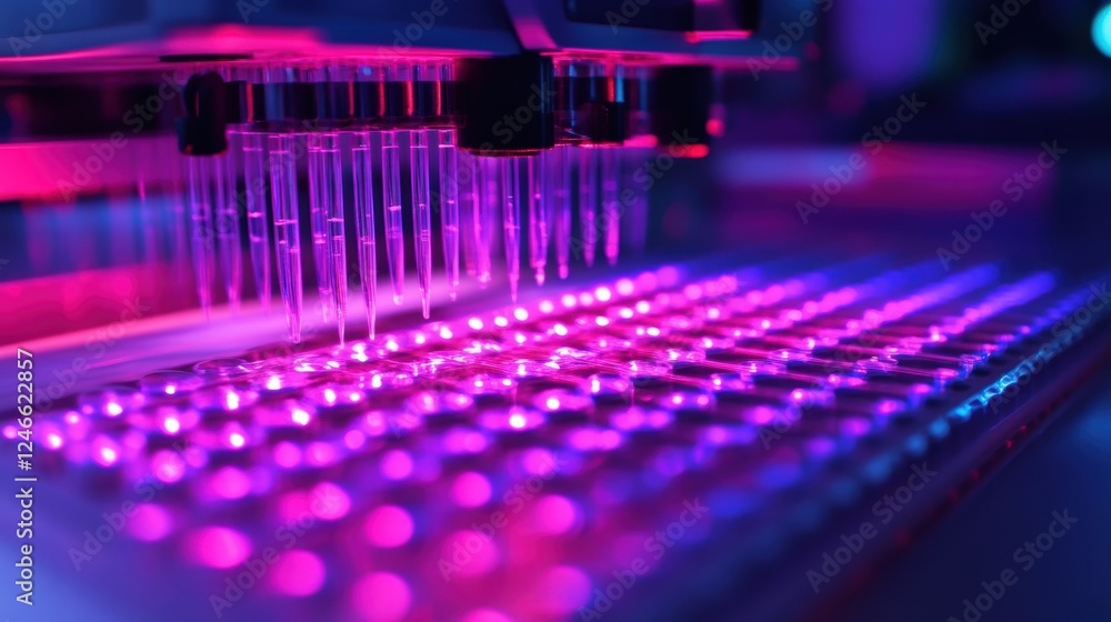 A closeup of a highthroughput screening device featuring rows of microtiter plates under a bright LED light each plate meticulously labeled and prepared for assay illustrating the efficiency A closeup of a highthroughput screening device featuring rows of microtiter plates under a bright LED light each plate meticulously labeled and prepared for assay illustrating the efficiency