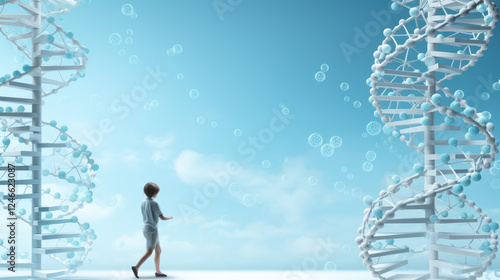 generated illustration of miniature kid playing in a blue giant dna molecular