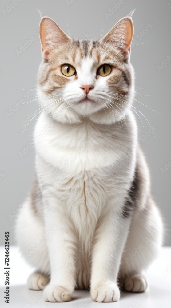 Wet White and Brown Tabby Cat Sitting on Gray Background Wet White and Brown Tabby Cat Sitting on Gray Background