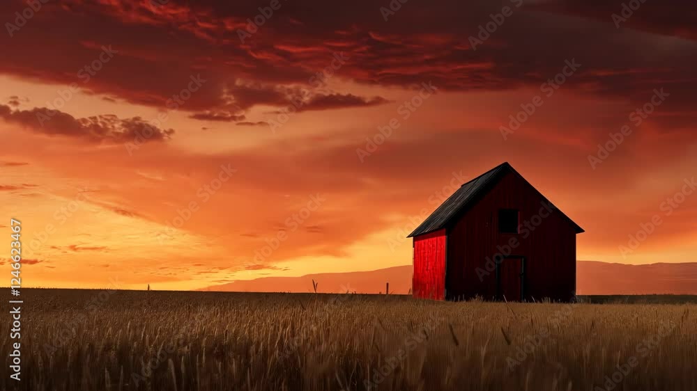 Red barn in golden sunset landscape Red barn in golden sunset landscape