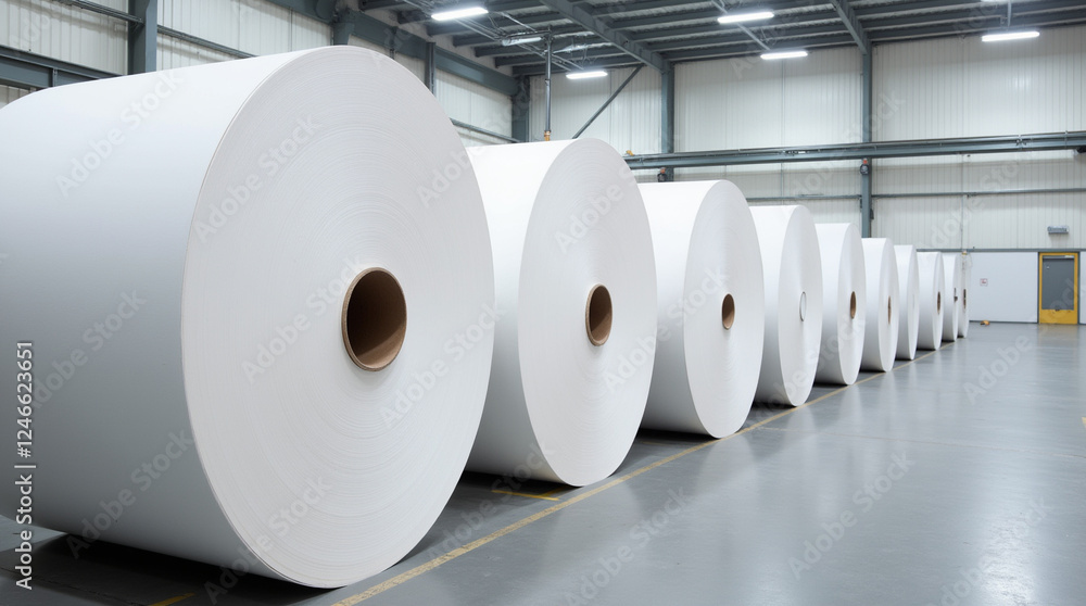 Large rolls of white paper lined up in a spacious industrial warehouse during daylight hours