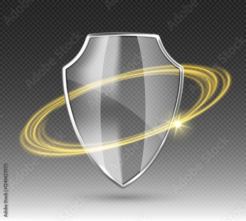 Transparent glass protection shield with gold glow effect. Safeguard sign. Security concept. Vector illustration