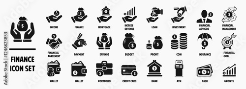 Vector finance icon set with bank, business, investment, euro, atm, bill, loan, cash, saving, budget, dollar, profit, budget, earning money and revenue icons. Solid icons collection.