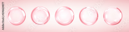 Cosmetic collagen serum or essence drops on pink background. Hyaluronic acid bubbles. Skincare product. Vector illustration