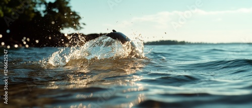 Wallpaper Mural Sunlight sparkles on a splash made by a leaping fish, highlighting the beauty and vitality of aquatic life at dawn. Torontodigital.ca