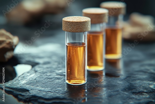 Bottle of oil with cork top alongside samples and test tubes on a laboratory table photo