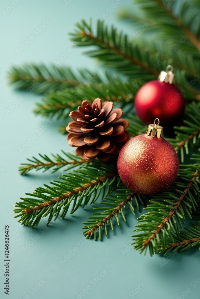 Pinecone and ornament arrangement on a green pine branch, branch, festive Pinecone and ornament arrangement on a green pine branch, branch, festive