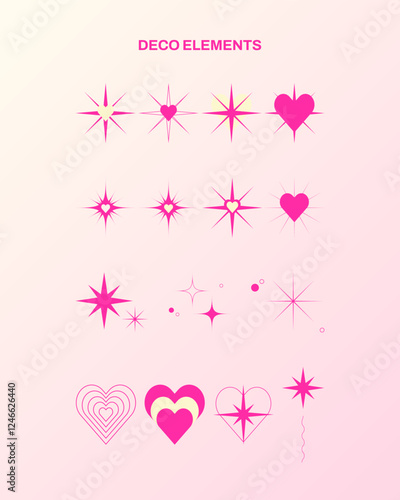 키치한 반짝이와 하트 장식 요소 세트. y2k style elements graphic.