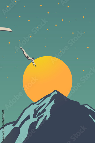 Abstract retro illustration art. Diving off springboard art. Futuristic concept vector art with mountain and nature and sunset. Contemporary and Surrealism illustration